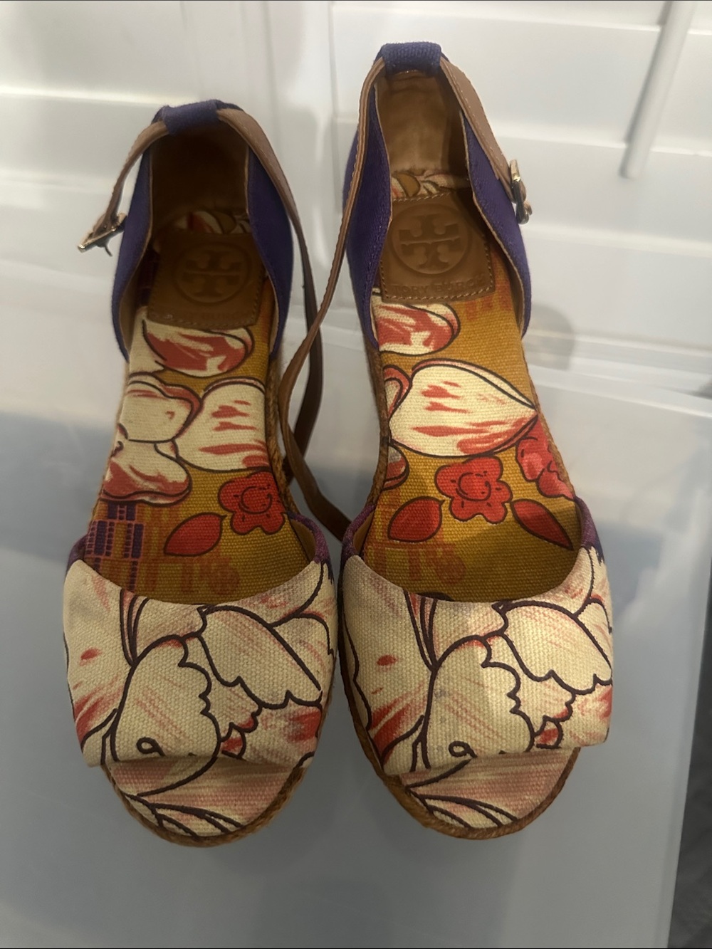 Tory Burch Floral Canvas Wedge Sandals in Purple and Tan